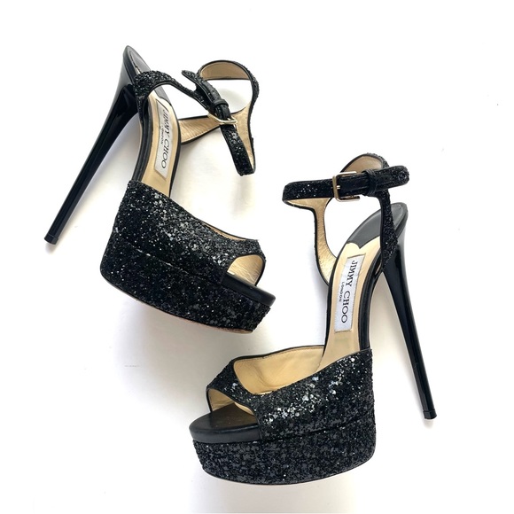 Jimmy Choo Shoes - JIMMY CHOO‎ Jenna 150 Platform Stiletto Heels EU 37.5 BLACK GLITTER Ankle Strap